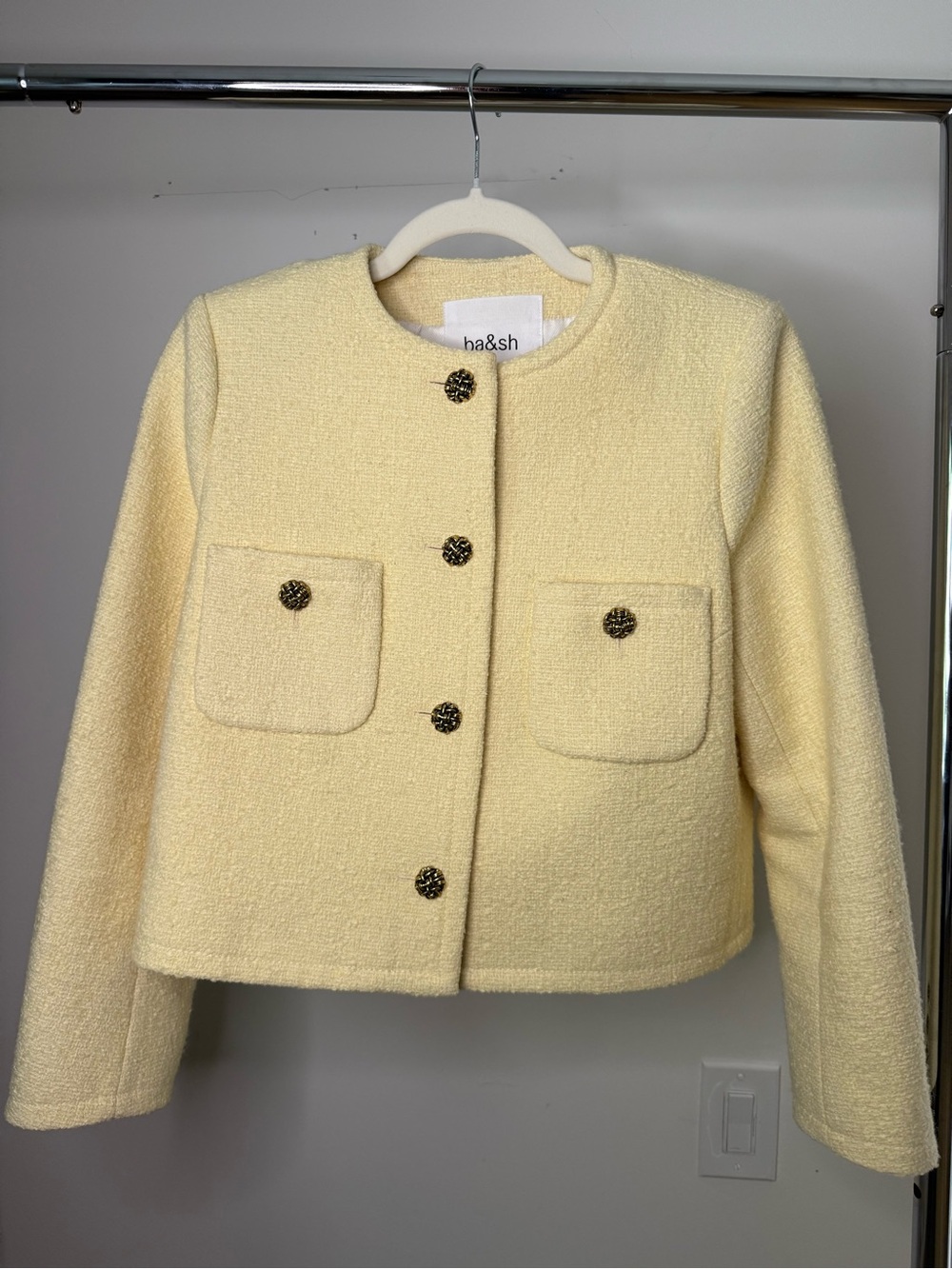 ba&sh Meredith Tweed Cropped Jacket Yellow Gold Buttons Size Small $395